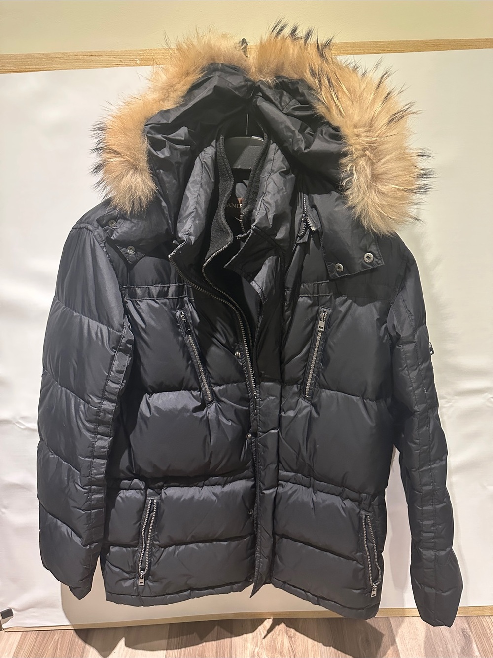 Danier Black Puffer Jacket with Faux-Fur Hood Trim